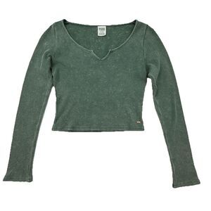 PINK Victoria’s Secret Green Waffle Knit Thermal Top M Cropped Y2K Indie Casual